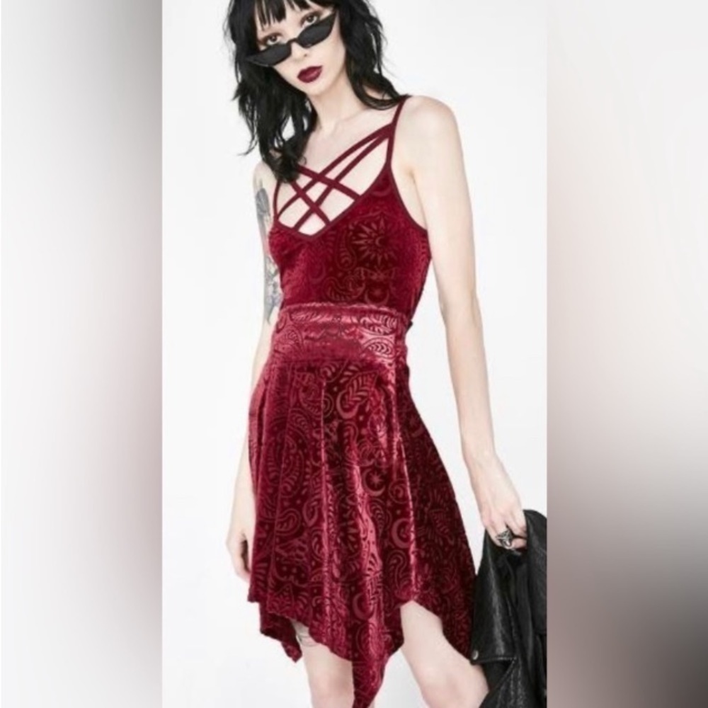 Killstar Etta Skater Skirt Sz M Wine Red Burnout Velvet Pixie Skirt Punk Goth
